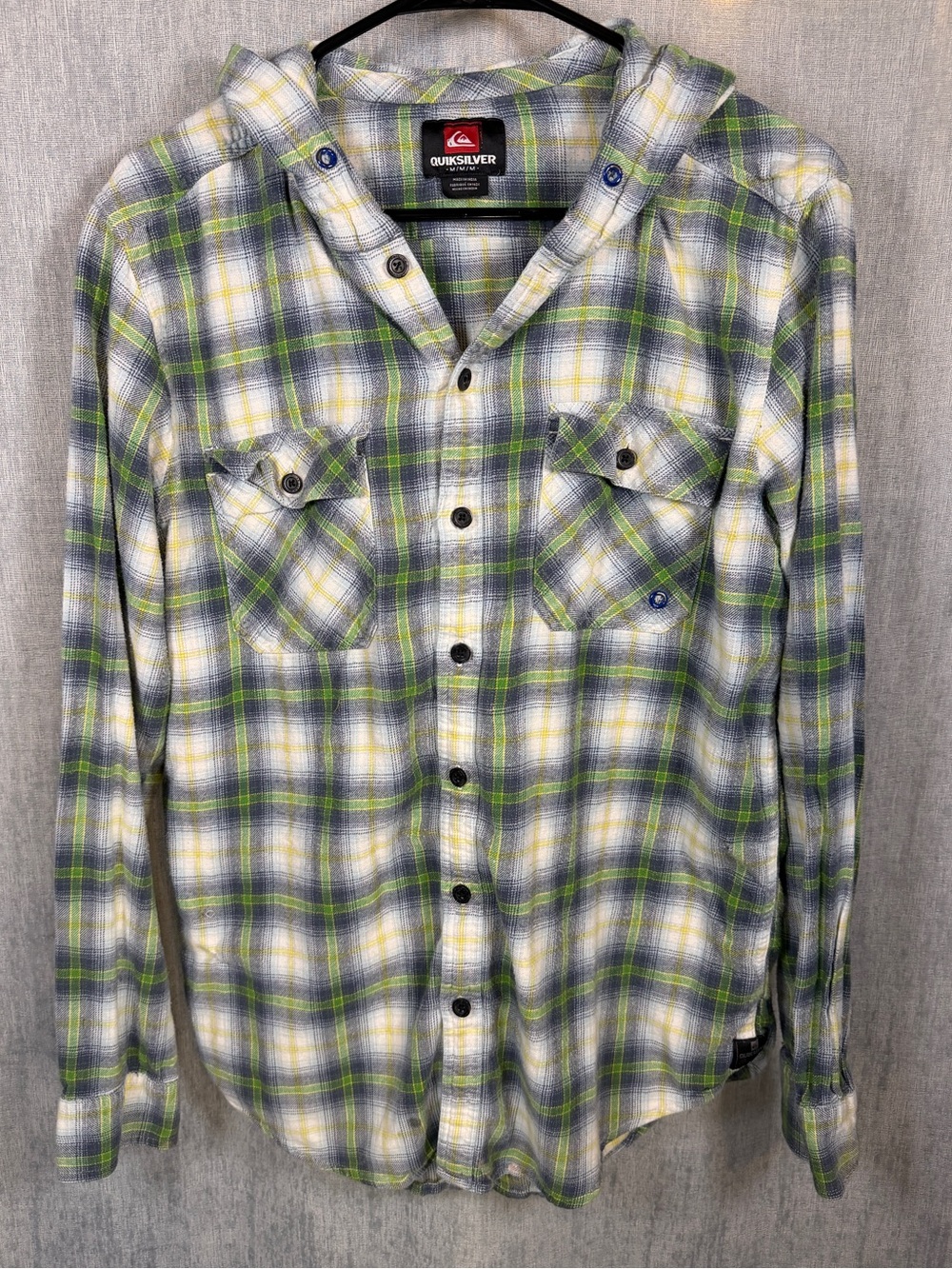 Quiksilver Men’s M Hooded Plaid Flannel Shirt Green Gray Yellow Cotton Button Up